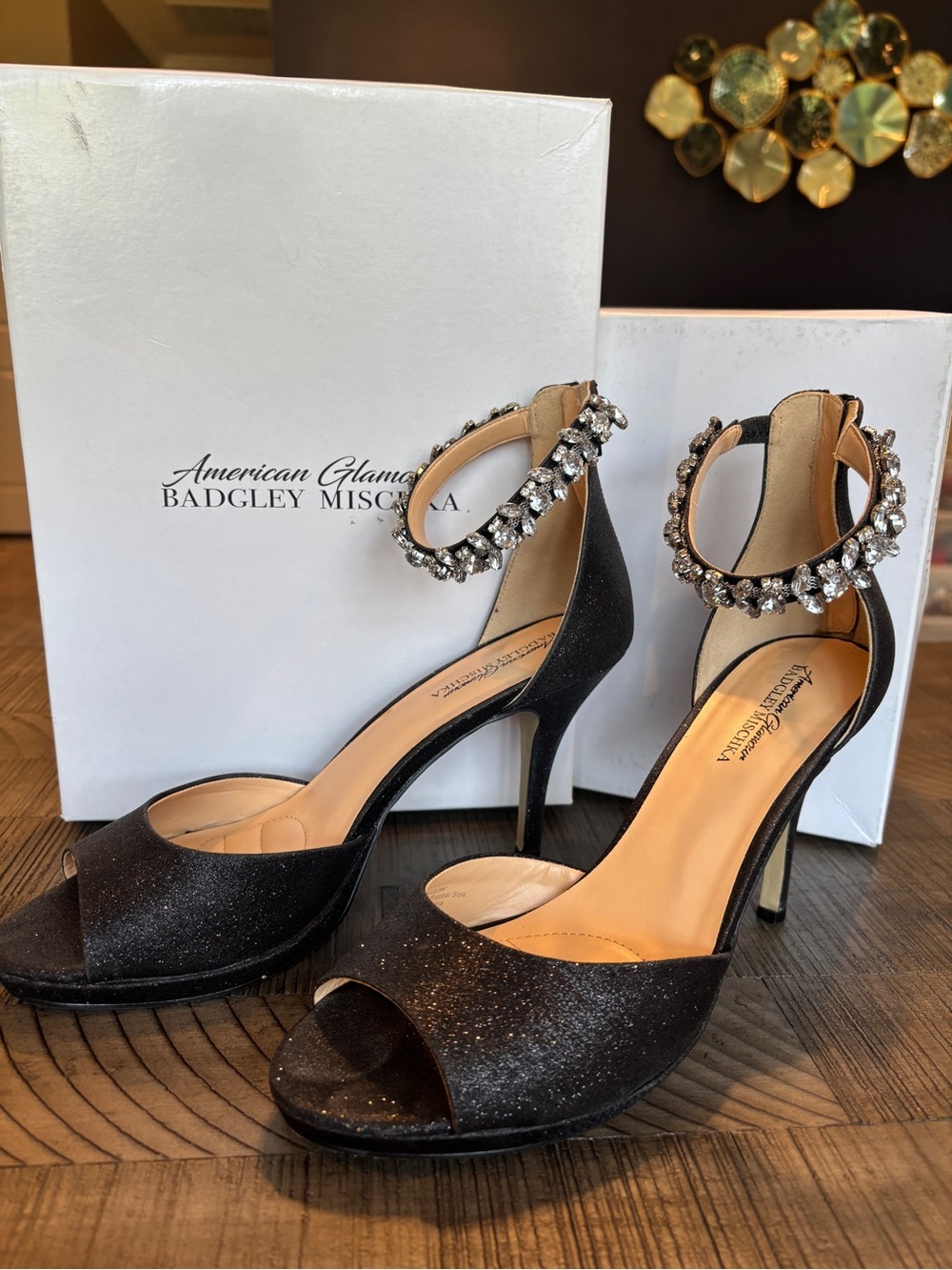 Badgley Mischka Black Glitter Peep-Toe Heels with Crystal-Ankle Cuff